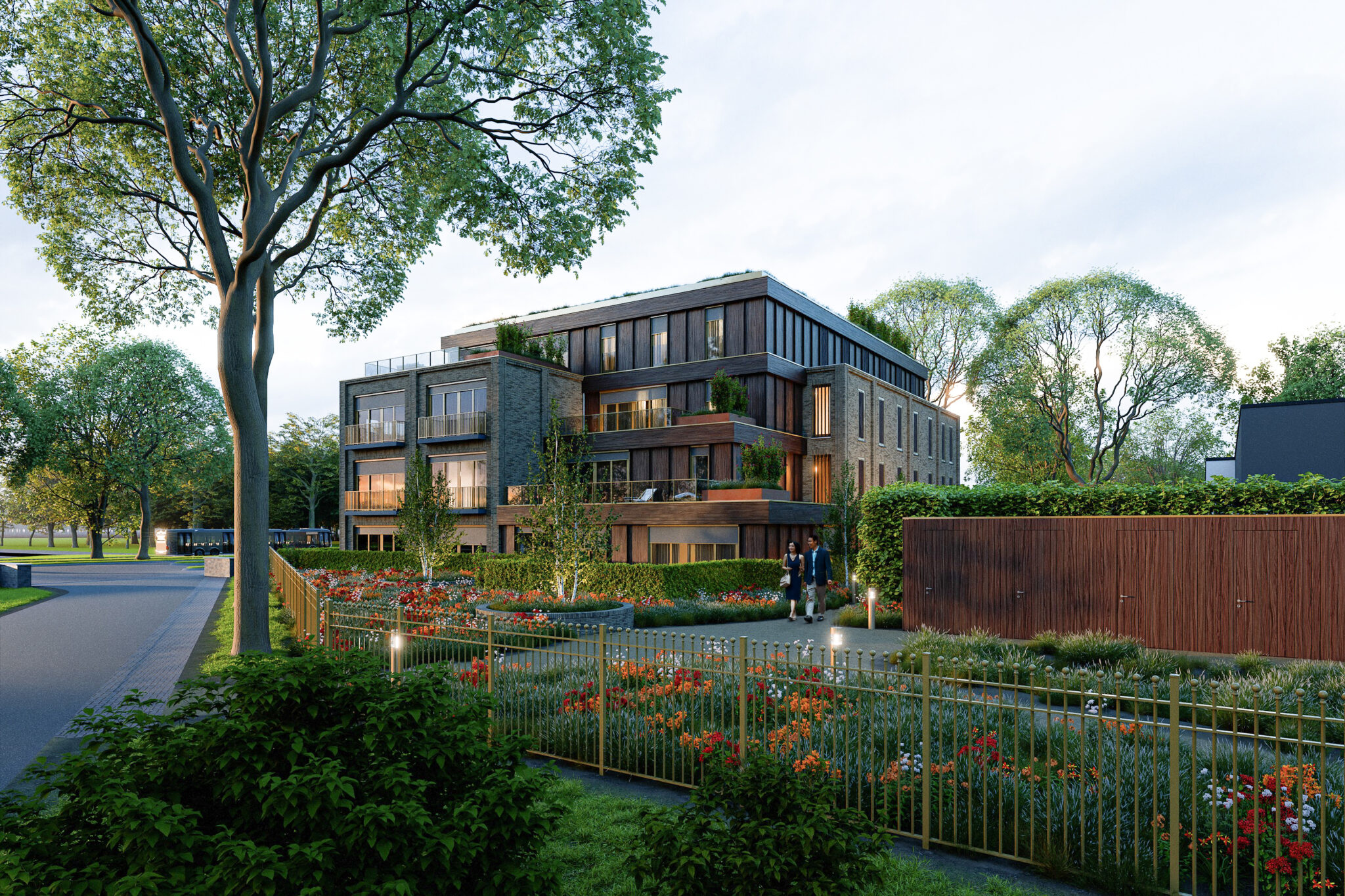 Architectonische visualisatie Residentie Eikenburg Eindhoven – impressie van de moderne gevel en groene omgeving van het appartementencomplex.