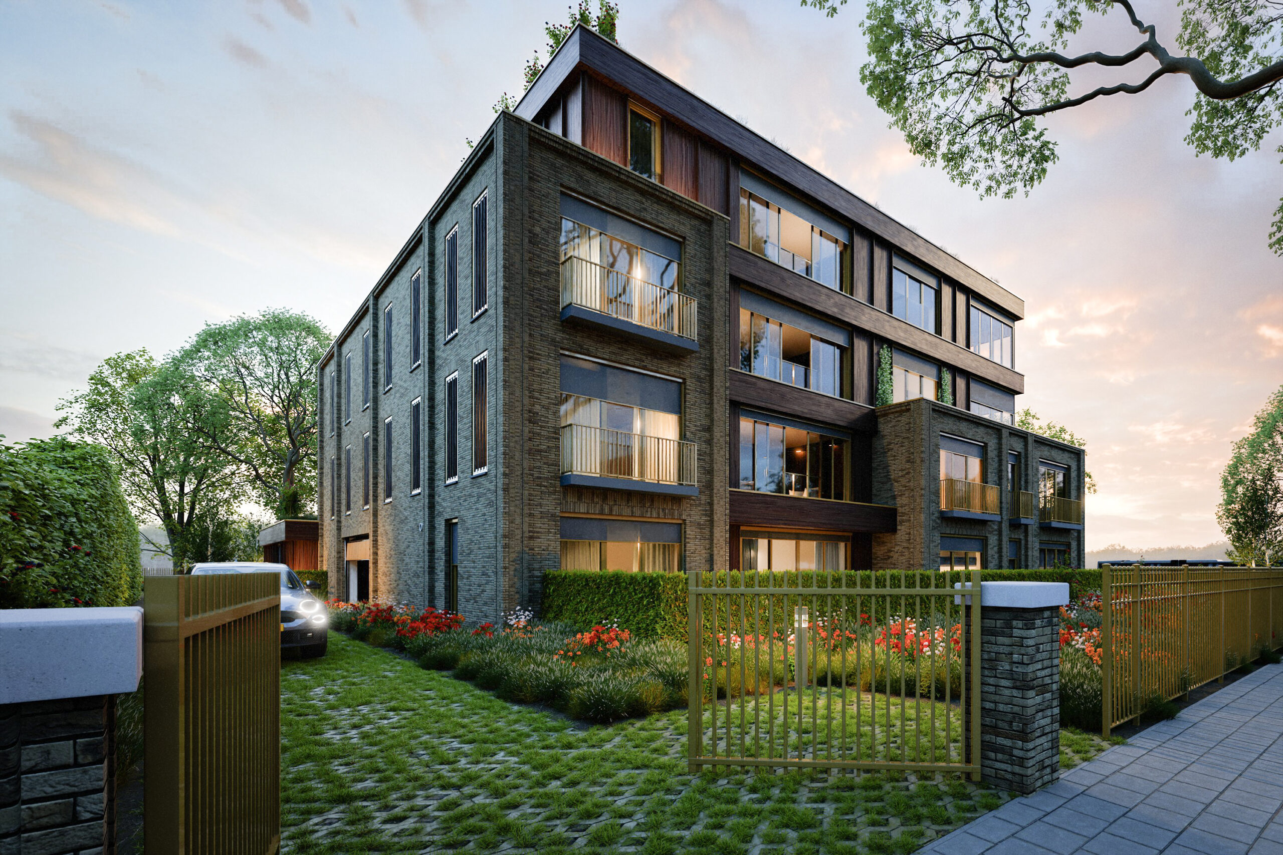 Architectonische visualisatie Residentie Eikenburg Eindhoven – impressie van de moderne gevel en groene omgeving van het appartementencomplex.