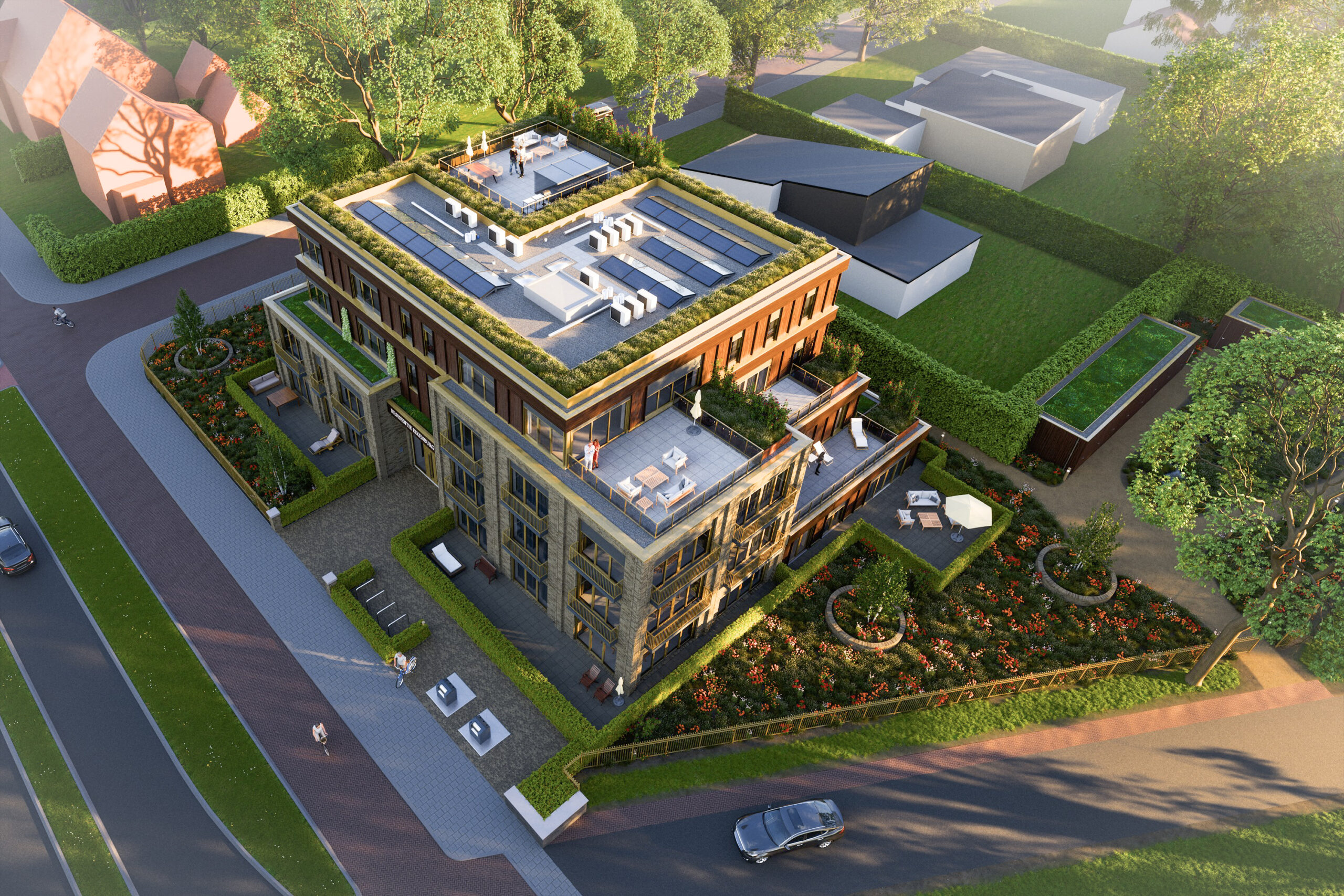 Architectonische visualisatie Residentie Eikenburg Eindhoven – impressie van de moderne gevel en groene omgeving van het appartementencomplex.